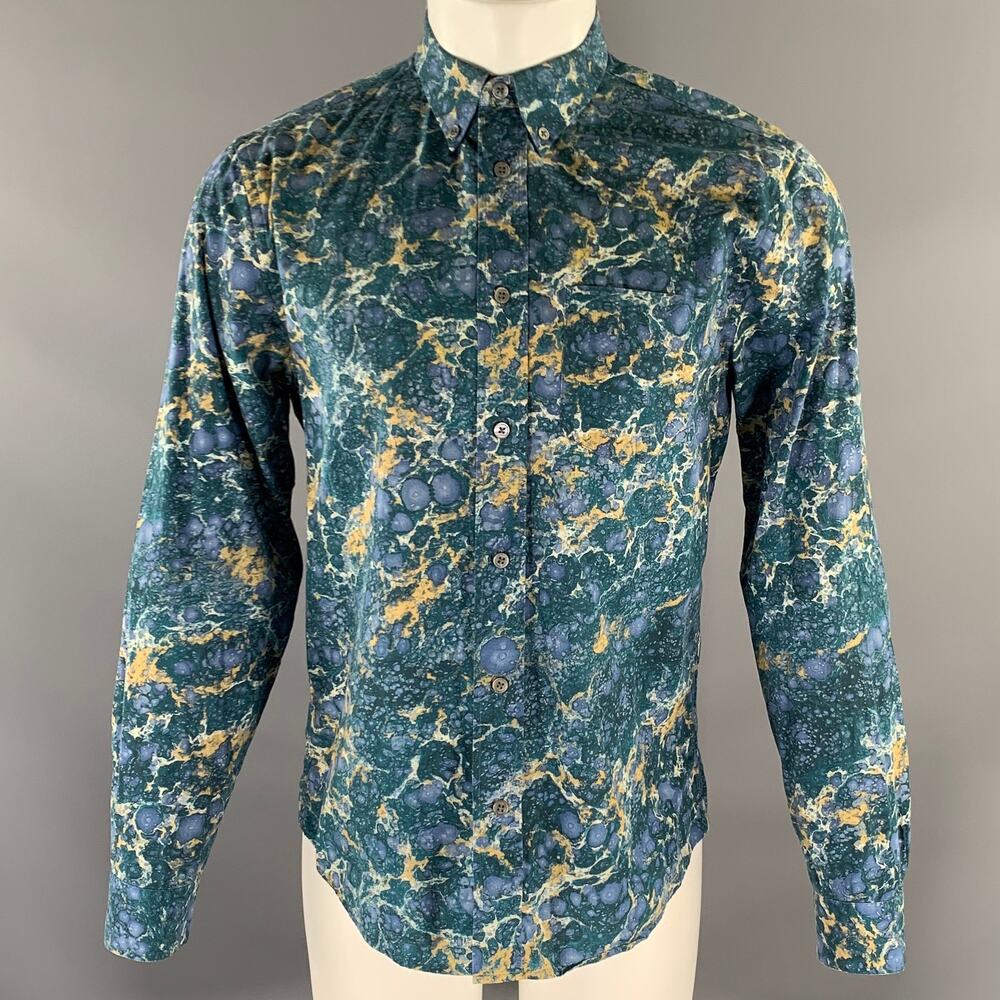 ACNE STUDIOS Size M Blue Teal Marbled Cotton Button Down Long Sleeve Shirt
